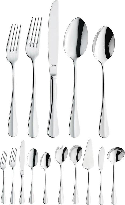 Amefa 45-Piece Silverware Flatware Cutlery Set Service for 8, Durable 18/10 Stainless Steel High Gloss Mirror Finish, tableware in Ergonomic Design Size and Weight, Dishwasher Safe (Baguette)