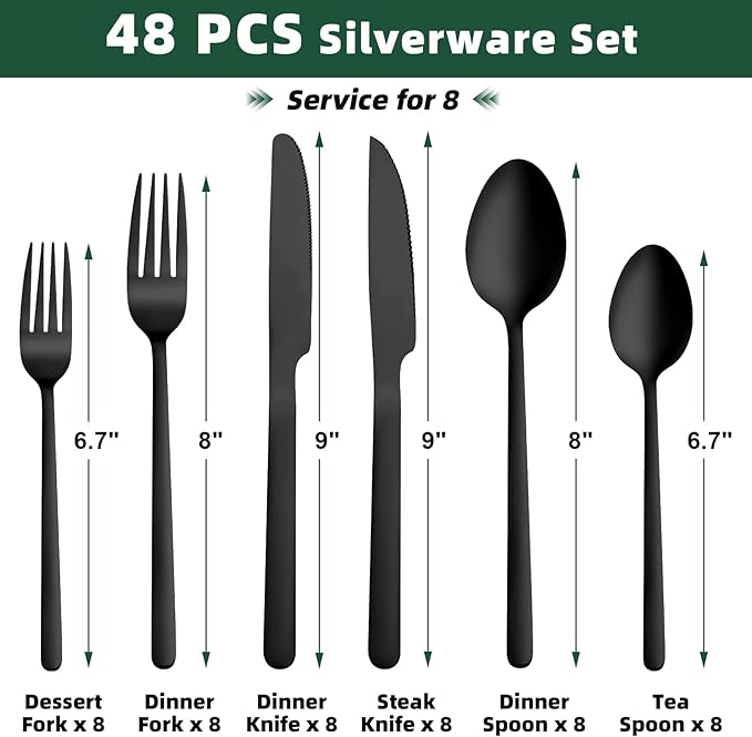 48 Pcs Black Silverware Set with Steak Knives, Food-Grade Stainless Steel Flatware Cutlery Set for 8, Mirror Polished Tableware Eating Utensils Set for Kitchen, Knife Fork Spoon Set, Dishwasher Safe