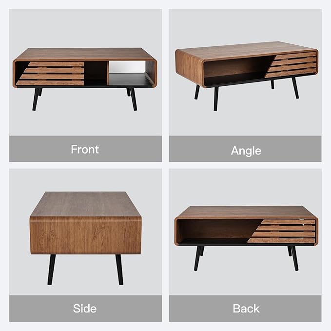 Wood Rectangle Coffee Table with Storage, Mid Century Modern Coffee Table, Living Room Center Table for Home, Apartment, Office, Walnut/Black