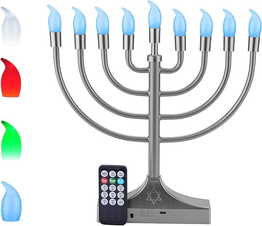Electric Hanukkah Menorah,RGB Led Menorahs for Chanukah Decoration,Color Changing with Remote Control & Push-Button to Choose The Day and Timer Options Battery/USB Powered,Silver