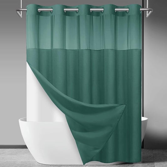 No Hook Slub Textured Shower Curtain with Snap in Liner - Peacock Blue Fabric Outer Curtain & Waterproof Inner Liner, Hotel Style with See Through Top Window, 71x74 in