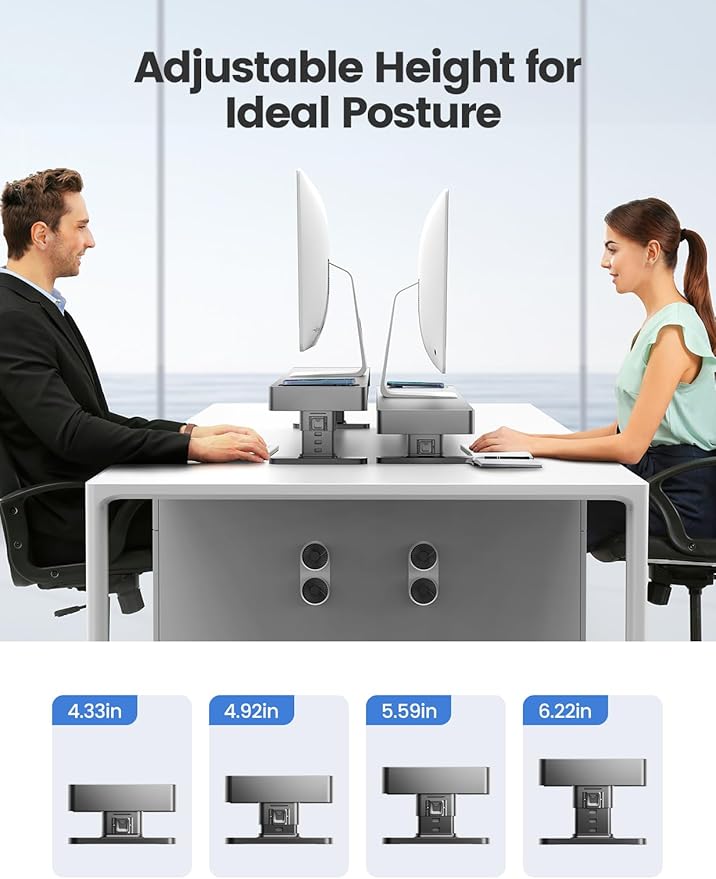 meatanty Dual Monitor Stand with 4 Adjustable Heights, Auto Phone Charging Pad, 4 USB Ports, Computer Riser with Drawers Storage, Metal Double Desk Organizer Lifter Raiser for 2 Monitors Screen Gift