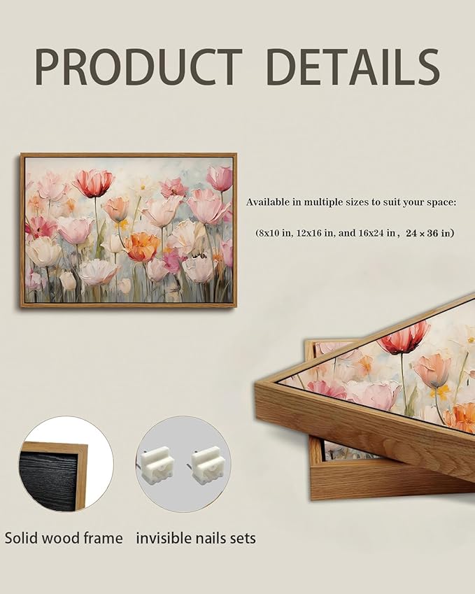 KISSFOX Boho Textured Floral Canvas Wall Art Blush Peach Tulips Framed Wall Art Vintage Colorful Paintings Artwork Abstract Modern Art Prints For Bedroom Kitchen Living Room