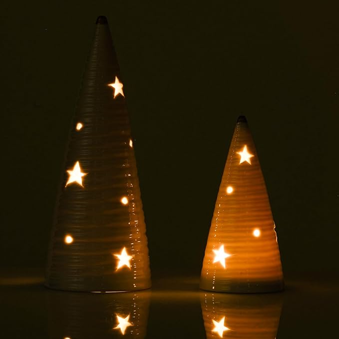 DN DECONATION Ceramic Christmas Tree Decor with Lights, Battery-Operated Tabletop Xmas Trees, 2Pcs Prelit White Christmas Tree Figurines Decorations for Home, Mantel, Shelves