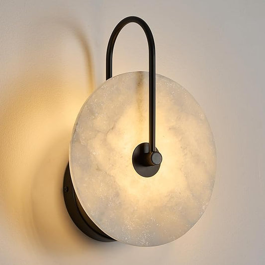 Round Alabaster Wall Sconce, Natural Marble Lampshade Wall Sconce, Hardwired Circular Sconce LED Modern Wall Lamp for Bedroom, Stairs, Living Room, Bedside, Hallway 9.84 Inch Black