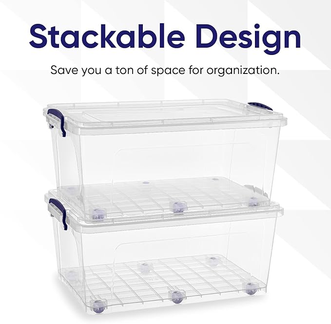 Superio Storage Containers With Wheels (3 Pack), Stackable Large Storage Containers With Lids, Durable Latches (32 Qt)