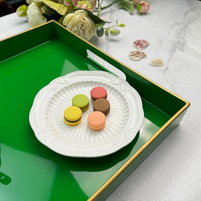 Large Decorative Tray, Emerald Green Serving Tray with Handles, Plastic Coffee Table Tray for Ottoman, Living Room, Bathroom, Decor. 15.7” x 11.8” x1.6”