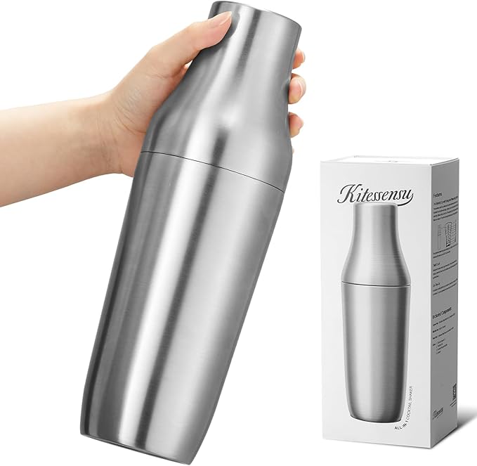 Kitessensu Hybrid Cocktail Shaker | Vacuum Insulated Stainless Steel Martini Shaker with Double Wall Martini Cup | Integrated Measuring System | Tumbler Lid & Cocktail Recipes Included | Silver
