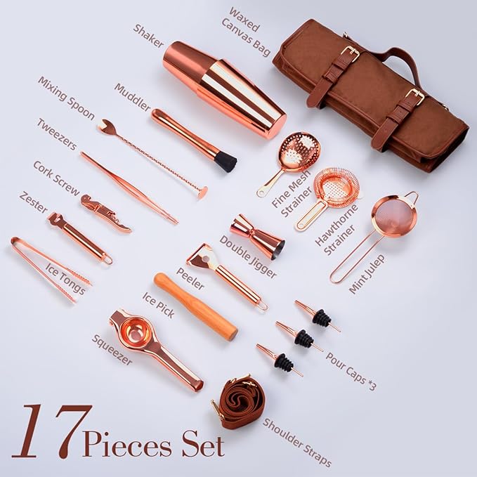 Bartender Kit Bag, 17-Piece Copper Bar Tool Set Cocktail Shaker Set with All Practical Bar Accessories, Portable Travel Cocktail Set with Shoulder Strap for Bartenders, Parties, Camping Trips