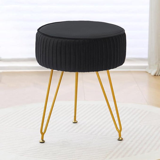 Velvet Vanity Stool Chair, Round Makeup Vanity Chair with Adjustable Metal Legs & Soft Padded Seat, Ottoman Foot Stool for Bedroom, Living Room, Entryway, Black