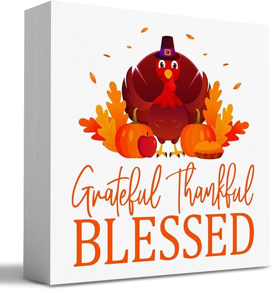 HTBIG Thanksgiving Blessed Grateful Thankful Fall Decor Wooden Turkey Wooden Box Signs for Home Fall ation Thanksgiving Room Indoor Desktop Decor 5 x 5 Inch