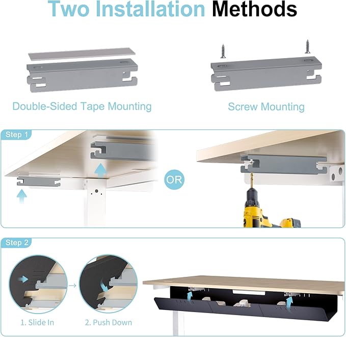 47.2" No Drill Under Desk Cable Management Tray, Felt Cable Organizer for Table, Adhesive/Screw Mount Cord Management Tray, Wire Organizer for Office Desk, Home Workspace