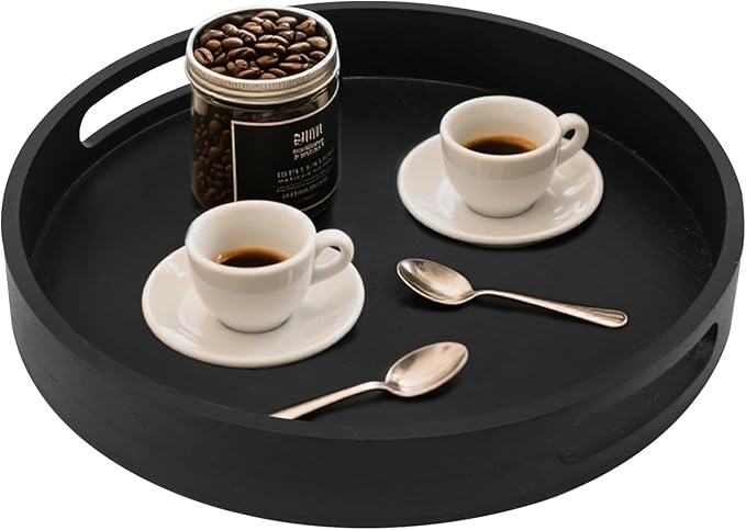 Round Decorative Tray,Wooden Serving Tray with Handles, 11.8in Black Decorative Trays for Coffee Table,Kitchen Counter,bandejas decorativas