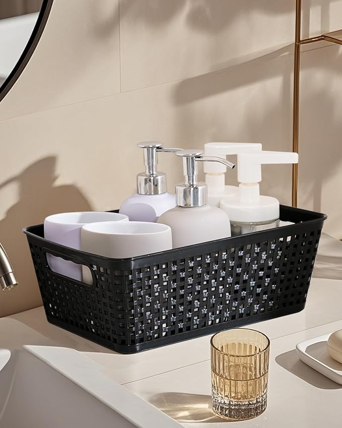 Storage Bins with Lids 8 Packs, Plastic Storage Bins with Bamboo Lids for Pantry Organization and Storage Containers for Shelves Drawers Desktop Closet Playroom Classroom Office Home, Black