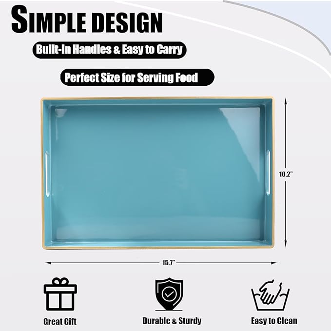 Teal Blue Decorative Coffee Table Tray, Rectangular Plastic Serving Tray with Handles for Living Room, Ottoman, Bathroom, 15.7"*10.2"