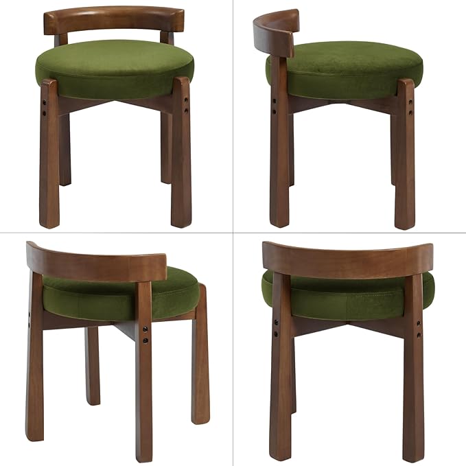 DUOMAY Modern Velvet Vanity Stool, Upholstered Low Back Ottoman with Solid Wood Legs Cute Round Footrest Makeup Stool Dressing Seat for Living Room Bedroom, Green