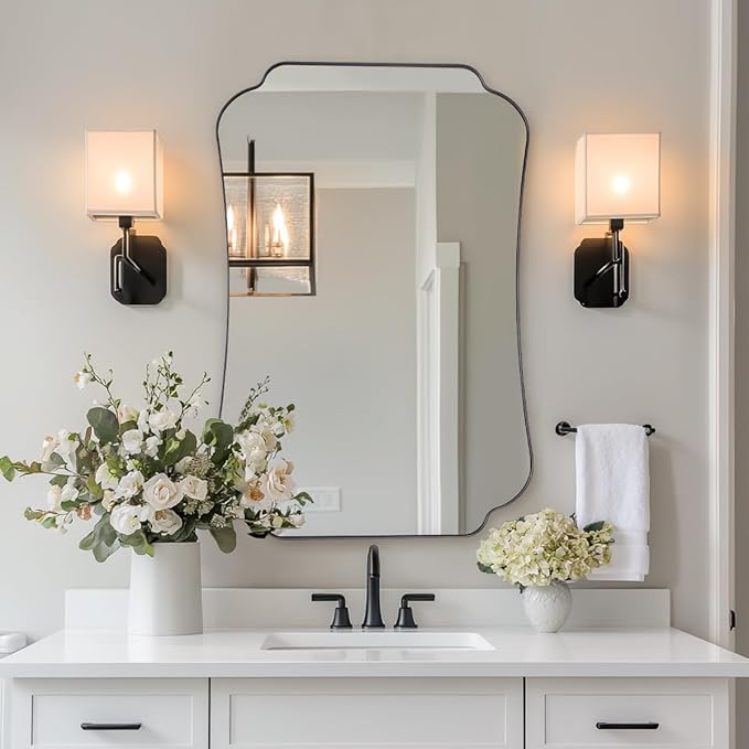 ANDY STAR Bathroom Vanity Mirror, 24x36 Matte Black Rectangle Mirror with Scalloped Round Corner, Vintage Asymmetrical Metal Wall Mirror for Entryway, Living Room