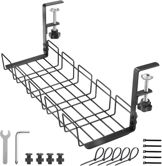 Under Desk Cable Management Tray, 15.7'' Metal Wire Organizer with Clamp, No Drill Desk Cord Rack for Cable Management, Computer Wire Organizer for Office and Home – Sturdy & Scratch-Free