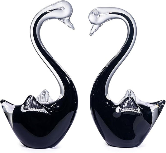 Black Swan Glass Figurines Set - 7.5" L x 3.9" H Weatherproof Hand Blown Glass Art, Indoor/Outdoor Decor, Pair of 2 - Perfect Garden Art, Home Shelf Display & Gift for All Occasions