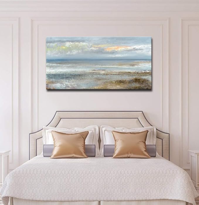 Abstract Wall Art Large Canvas Pictures Modern Blue Ocean Artwork on Canvas Prints Wall Decoration for Living Room Bedroom Bathroom Kitchen Office Home Wall Decor Framed Ready to Hang 24" x 48"