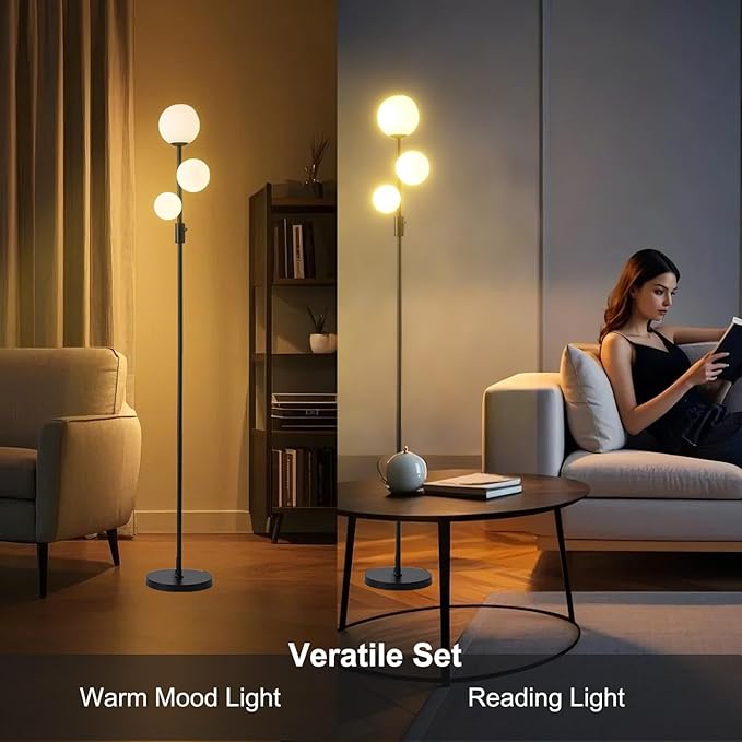 Fiqevs Upgraded Dimmable 3 Globe Mid Century Modern Floor Lamp, 3 x 3000K Warm Light LED Bulbs Included, Matt Black Standing Lamp with Sphere Glass Shade, Vintage Tall Lamp for Living Room, Bedroom