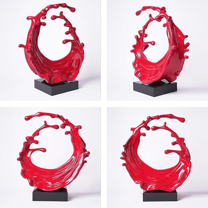 Abstract Sculpture Decor Modern Arts Sea Wave Figurine Table Centerpiece Statue Polyresin Red 16.5 inch