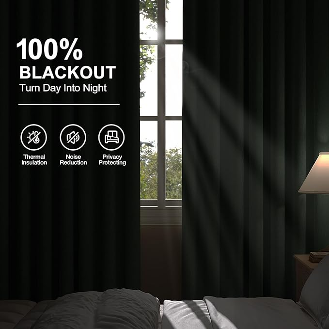 100% Blackout Curtains for Bedroom 90 inch Length 2 Panels Set, Farmhouse Linen Textured Full Light Blocking Room Darkening Thermal Insulated Drapes for Living Room (W52xL90, Olive)
