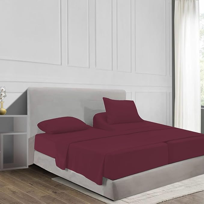 100% Egyptian Cotton Split King Sheet Set 1000 Thread Count Burgundy Luxury Hotel Soft and Smooth Split King Size Bed Sheets Set 16" Deep Pocket Extra Long Staple Cotton Sateen Weave - 5 Piece