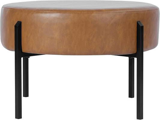 HomePop Modern Round Ottoman, Home Décor,Upholstered Round Velvet Foot Rest Ottoman - Carmel Faux Leather Small