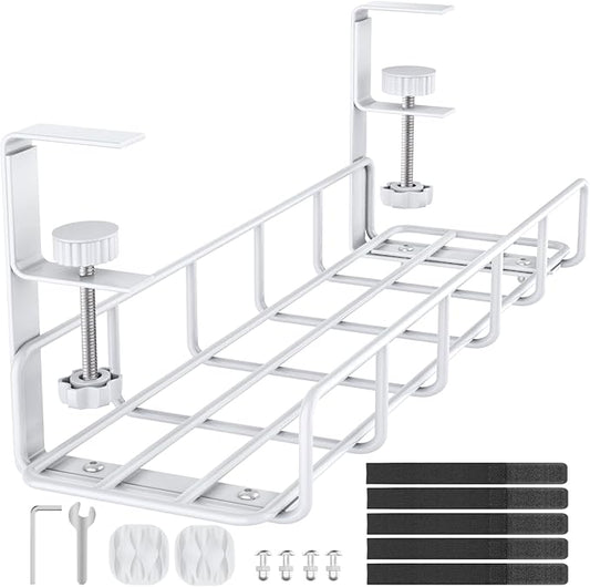 Under Desk Cable Management Tray, 15.7'' No Drill Steel Cable Tray Organizers, Wire Management Tray Cable Rack with Clamp Mount, Metal Under Desk Tray with Wire and Cord Organizer White（1pack