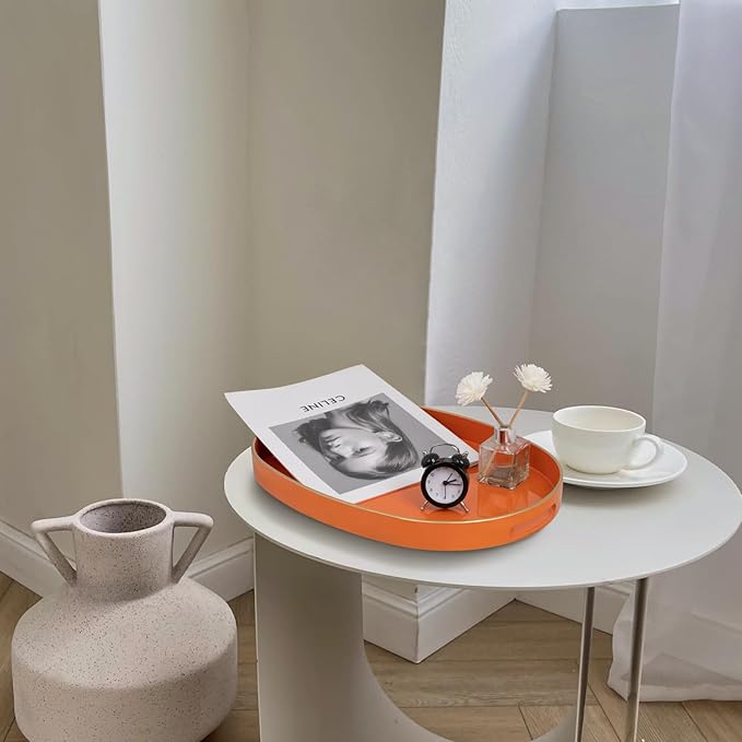 MAONAME Orange Decorative Tray, Oval Serving Tray with Handles, Plastic Tray for Coffee Table, Ottoman Trays for Living Room, Bathroom, 15.6" X 10.6" X 1.4"
