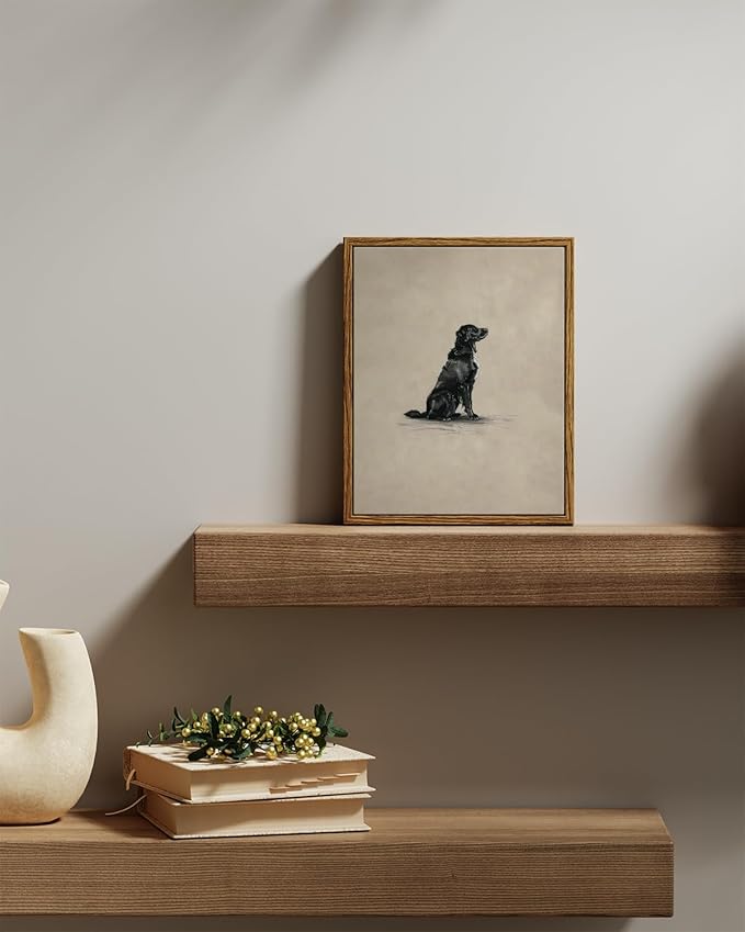 VIYYIEA Vintage Framed Black Dog Wall Art, Bedroom Living Room Minimalist Animal Art Decor, Antique Dog Canvas Print Paintings, Home Farmhouse Retro Still Life Decor, 8x10 Inch