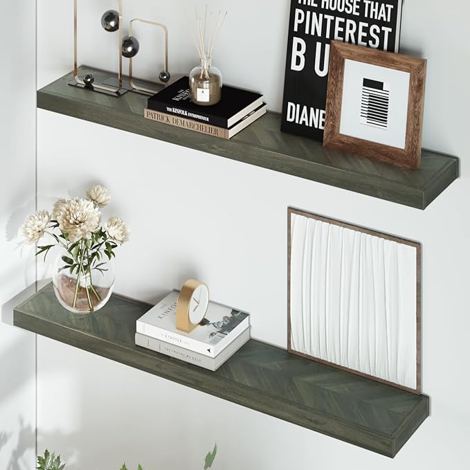 36" Acacia Chevron Floating Shelves Set of 2 - Wall Mounted Wooden Shelf for Stylish Home Décor - Mocha Color - 36x6.7x1.5 Inches