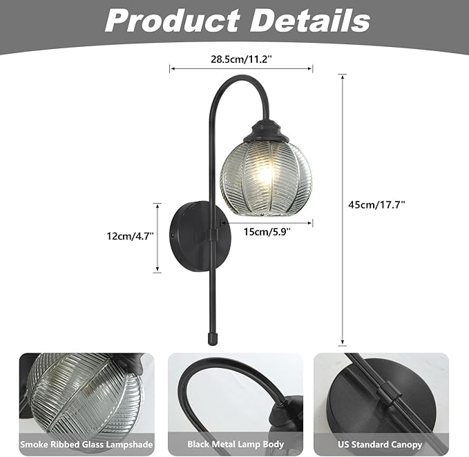 KCO Lighting Modern Glass Globe Wall Sconce Smoke Gray Glass Vanity Light Long Black Wall Sconces Set of Two Industrial Mid Century Wall Sconce Bedroom Wall Lamps Hardwired