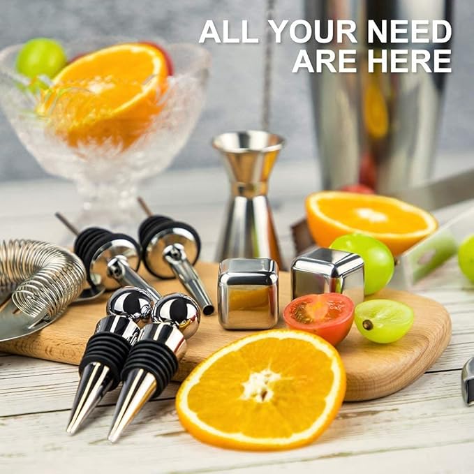 Cocktail Shaker Set with Stylish Stand, 25oz 17 Pieces Bartender Kit Professional Stainless Steel Bar Tool Set for Mixed Drink, Gift for Man Dad, Father's Day, Christmas Day