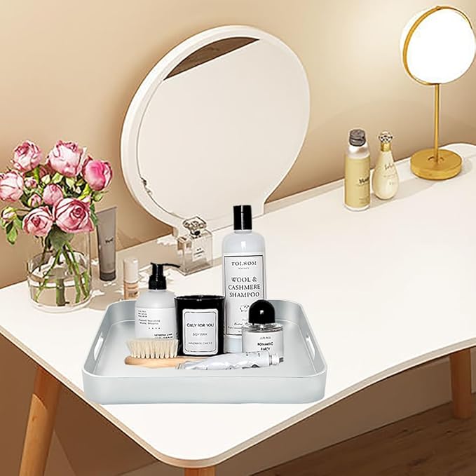 Serving Tray with Gold Trimming, Square Decorative Serving Trays with Handles, Coffee Table Tray Plastic Tray for Ottoman Living Room, Bathroom,Home Decor 13" L x 13" W x 1.57" H(Silver)