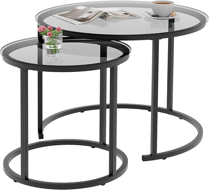 aboxoo Nesting Coffee Table Grey Glass Table Set of 2, Small Round Glass Nesting Tables for Living Room Bedroom, Accent Tea Table with Metal Frame Modern Industrial Simple