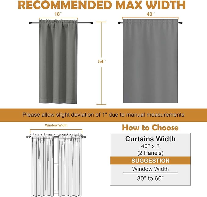 Aiyufeng Light Grey Short Blackout Curtains for Bedroom 54 Inches Long 2 Panels Set, Solid Thermal Insulated, Energy Saving Window Treatment Curtains Blackout Drapes, W40 x L54 Inch, Light Grey
