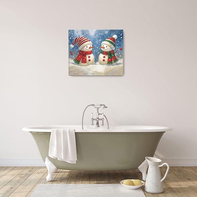 Christmas Snowman Wall Art Winter Holidays Canvas Wall Decor Pictures Paintings Prints Artwork Framed Decorations For Bathroom Bedroom Living Room Office Gifts 24" x 20"