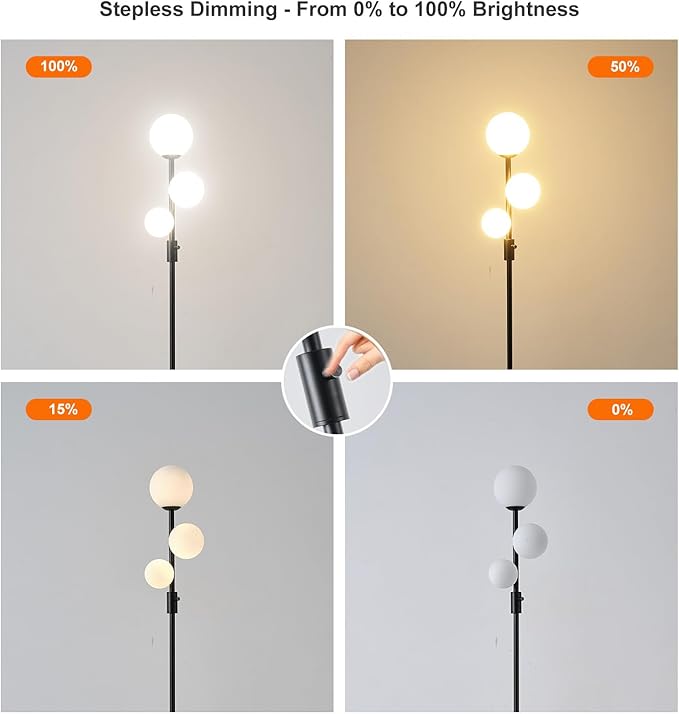 Fiqevs Upgraded Dimmable 3 Globe Mid Century Modern Floor Lamp, 3 x 3000K Warm Light LED Bulbs Included, Matt Black Standing Lamp with Sphere Glass Shade, Vintage Tall Lamp for Living Room, Bedroom