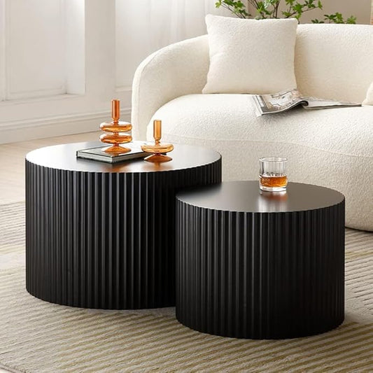 Nesting Coffee Tables Set of 2, Black Round Coffee Tables for Living Room Modern Fluted Tea Tables 23.6" Wooden Drum Accent Tables for Living Room, No Assembly Required (Black)