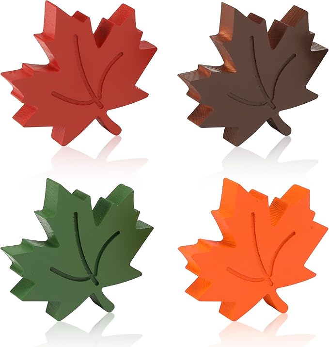 Amorita 4pcs Fall Leaves Decorations Farmhouse Thanksgiving Table Decor Centerpiece Wooden Maple Leaf Signs Block for Autumn Harvest Tiered Tray Party Shelf Display