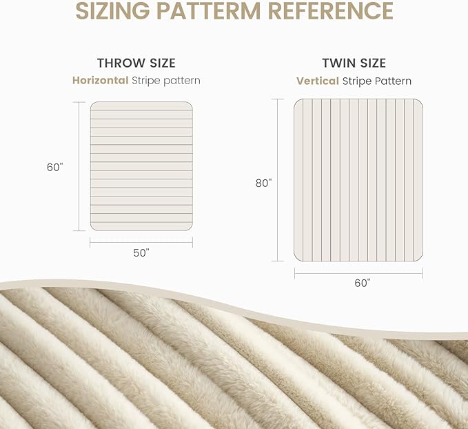 Cozy Bliss Faux Fur Throw Blanket for Couch, Cozy Warm Plush Striped Blanket for Sofa Bedroom Living Room, 108 * 90 Inches Beige
