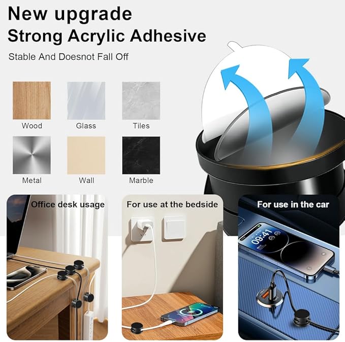 9 Pack Rotatable Magnetic Cord Organizer, Phone Cable Management, Desk Charger Cords Holder, No-Residue Adhesive Cables Clips for Kitchen, Office, Car, Nightstand（Black）