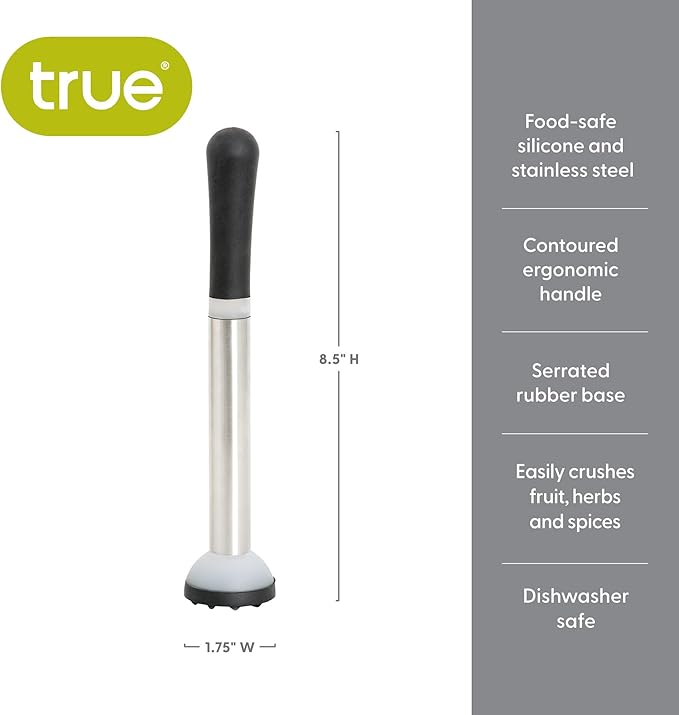 True Grind Muddler for Cocktails & Mixed Drinks, Fruits, Spices, Herbs, and Sugar Cubes Crusher, Home Bar Accessories, Bartender Tools, 8.5", Set of 1