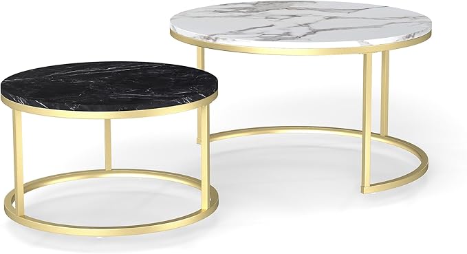 Nesting Coffee Table Set of 2, 31.5" Round Coffee Table Wooden Marble Pattern Accent Furniture, Industrial End Table for Living Room Bedroom Balcony (WhiteBlack/Gold)