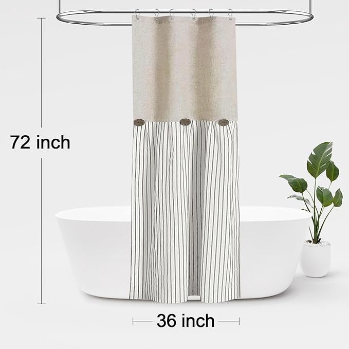 Awellife Farmhouse Beige Shower Curtain Button Linen Textured Woven Fabric,Pleated Grey Stripe,Country Style,36" W x 72" L