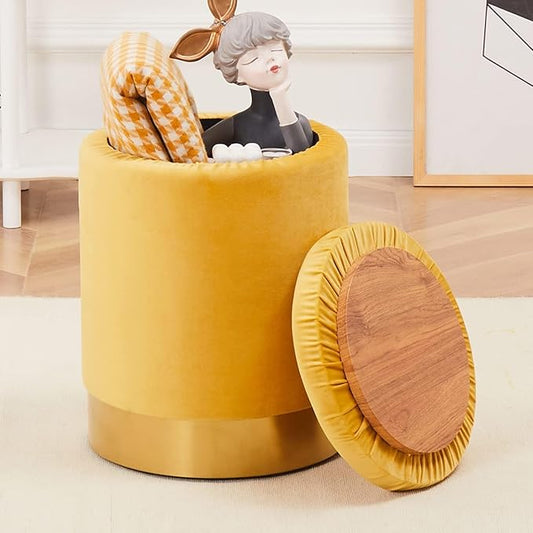 Mxfurhawa Velvet Storage Ottoman Multipurpose Footrest Stool with Metal Base Modern Round Vanity Stool Chair Ottoman Foot Stools Support 300 lbs Padded Seat for Living Room (Ginger)
