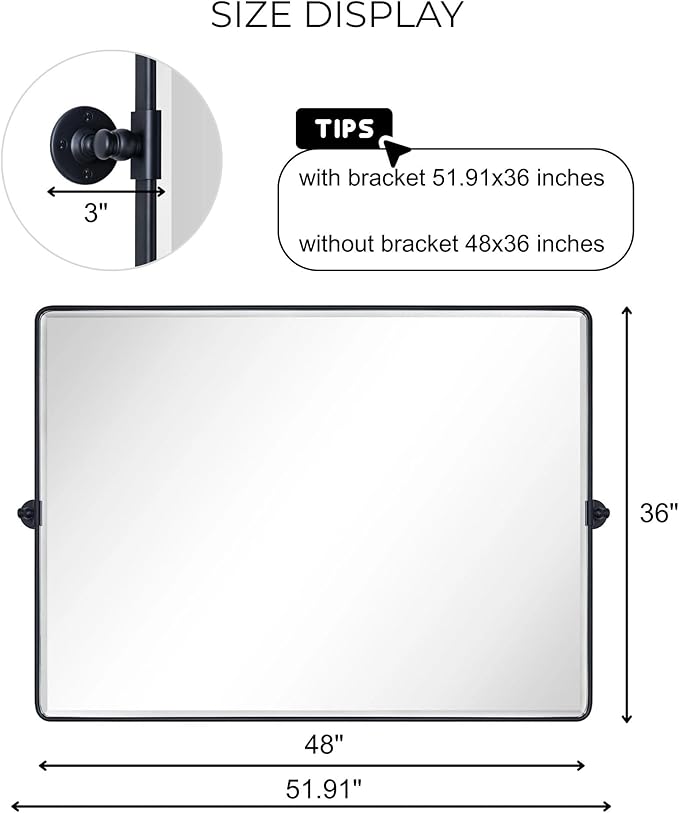 TEHOME Matt Black Horizontal Pivoting Bathroom Vanity Mirror Large Black Metal Framed Rectangle Tilting Beveled Vanity Mirrors for Wall, Overall 51.91 x 36 inches (Mirrror 48 x 36 inches)