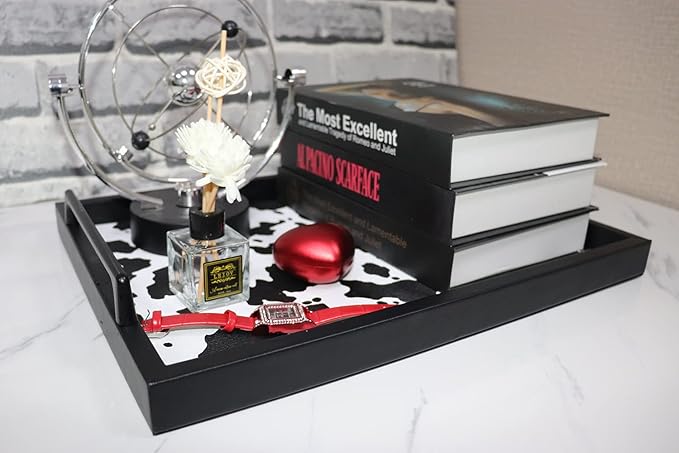 MCBZ Living Room Decorative Tray, Serving Tray, Coffee Table Tray, Leather Tray, Hardware Handle 16.5 x 12.6 inches (Black)